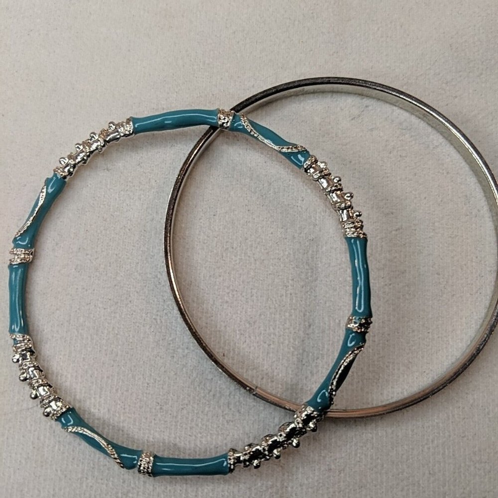 Vintage Silver Blue Enamel Ornate Bangle Bracelet Teal Intricate Detail